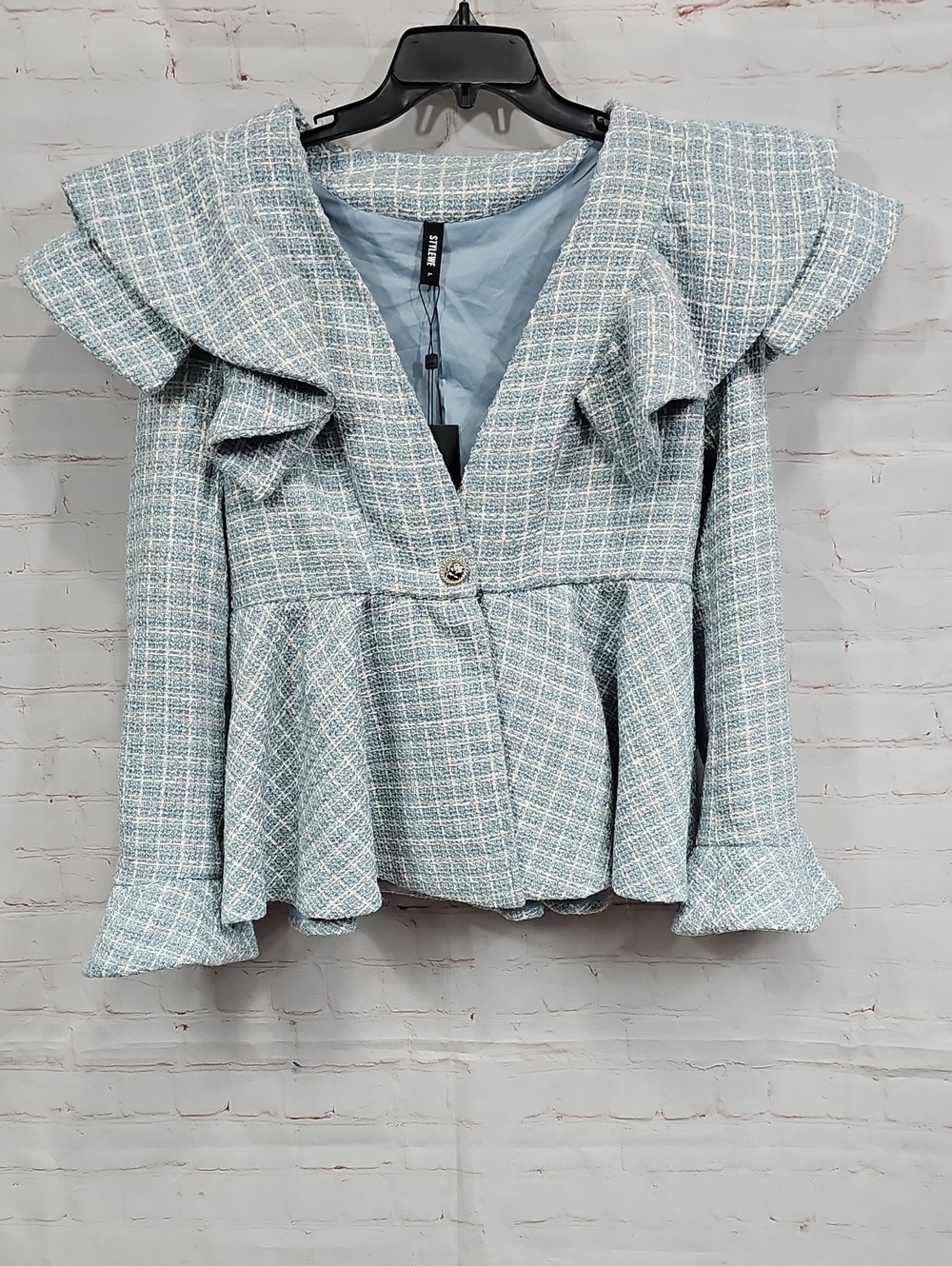 STYLEWE Pale Blue Tweed Ruffle Peplum Jacket